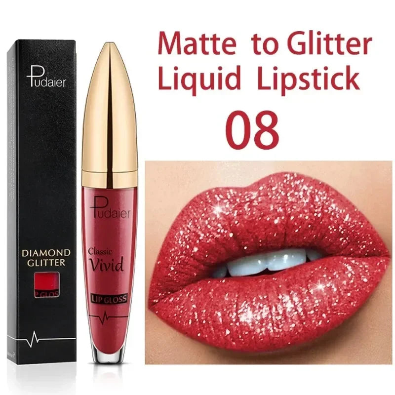 Diamond Shine Glitter Lip Gloss – Waterproof, Long-Lasting Metallic Matte to Shimmer Liquid Lipstick