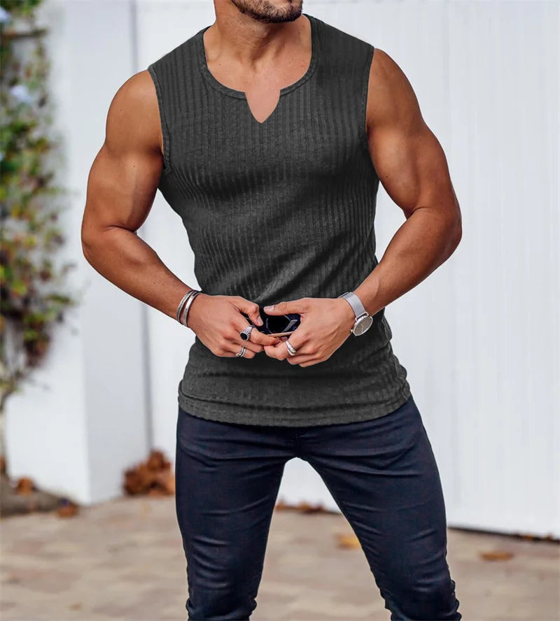 Summer Stripe V-Neck Gym Tank – Men’s Sleeveless Training Vest