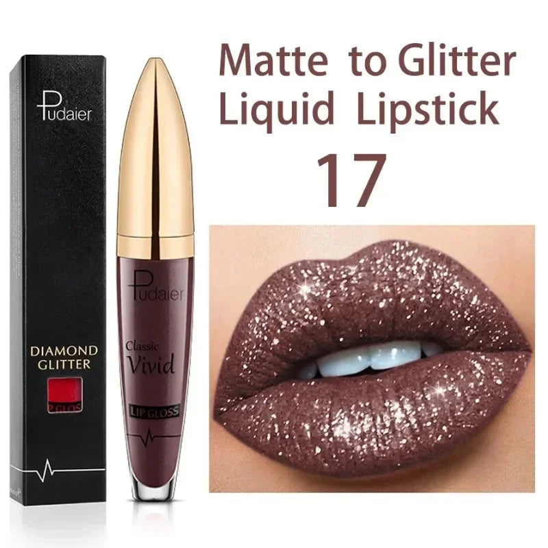 Diamond Shine Glitter Lip Gloss – Waterproof, Long-Lasting Metallic Matte to Shimmer Liquid Lipstick