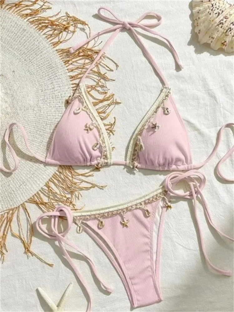 Shell Triangle Bikinis Bandage Thong Bikini Women Push Up Beach Swimwear 2 Piece Swimsuit Women Bikini Bathing Suit Beachwear