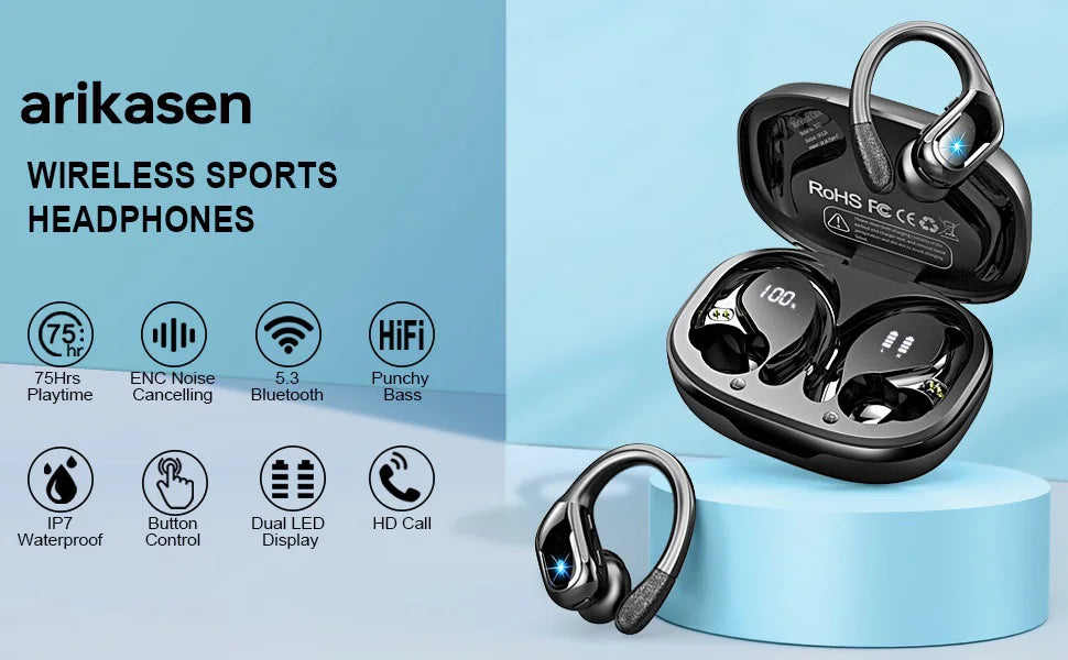 75Hrs Bluetooth 5.3 Wireless Earphones – IP7 Waterproof Sports Headphones with Deep Bass & ENC Noise Cancelling Mic