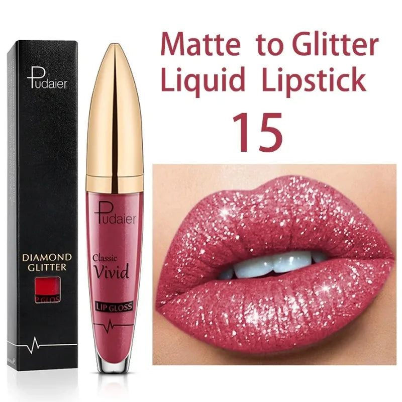 Diamond Shine Glitter Lip Gloss – Waterproof, Long-Lasting Metallic Matte to Shimmer Liquid Lipstick