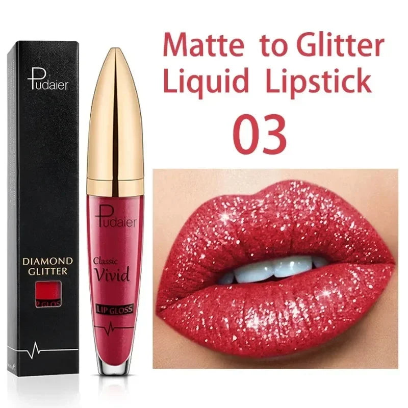 Diamond Shine Glitter Lip Gloss – Waterproof, Long-Lasting Metallic Matte to Shimmer Liquid Lipstick