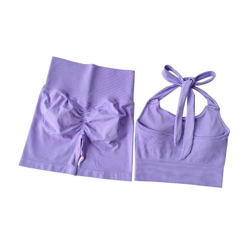 2-Piece Gym Set – Neck Hanging Sports Bra & Hip-Lifting Shorts