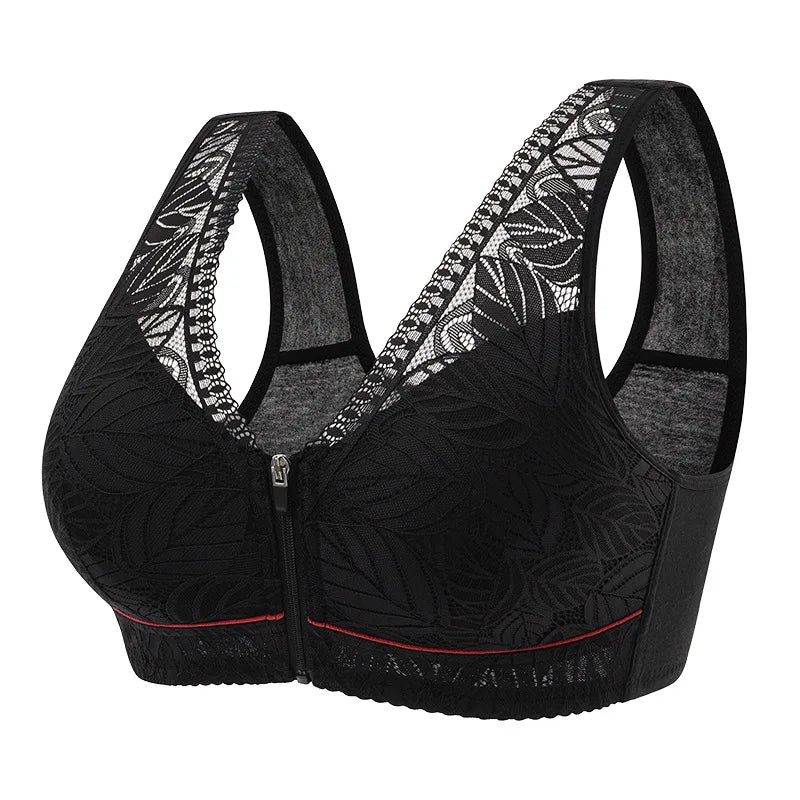 Women's Front Zipper Sports Yoga Bra – Lace Cotton Cup Wireless Breathable Tank Bra (Plus Size)