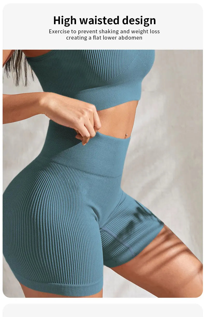 Ribbed Seamless 2-Piece Yoga Set – Crop Tank & High-Waist Shorts