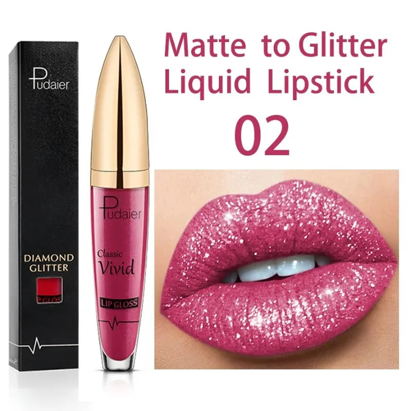 Diamond Shine Glitter Lip Gloss – Waterproof, Long-Lasting Metallic Matte to Shimmer Liquid Lipstick