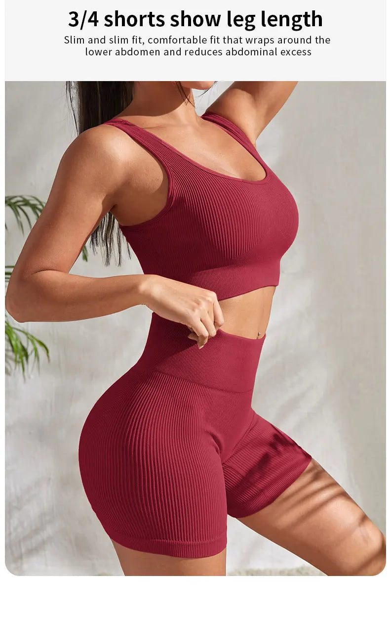 Ribbed Seamless 2-Piece Yoga Set – Crop Tank & High-Waist Shorts