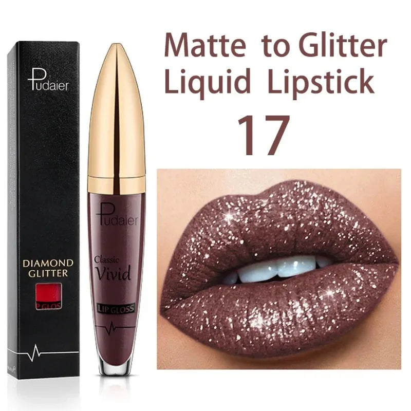 Diamond Shine Glitter Lip Gloss – Waterproof, Long-Lasting Metallic Matte to Shimmer Liquid Lipstick