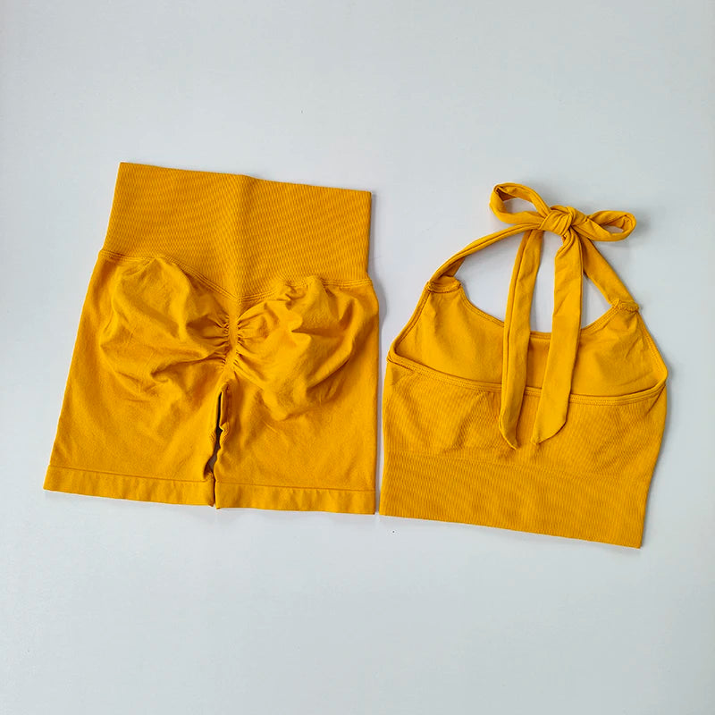 2-Piece Gym Set – Neck Hanging Sports Bra & Hip-Lifting Shorts