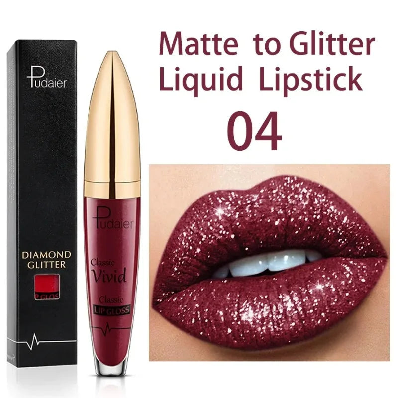 Diamond Shine Glitter Lip Gloss – Waterproof, Long-Lasting Metallic Matte to Shimmer Liquid Lipstick