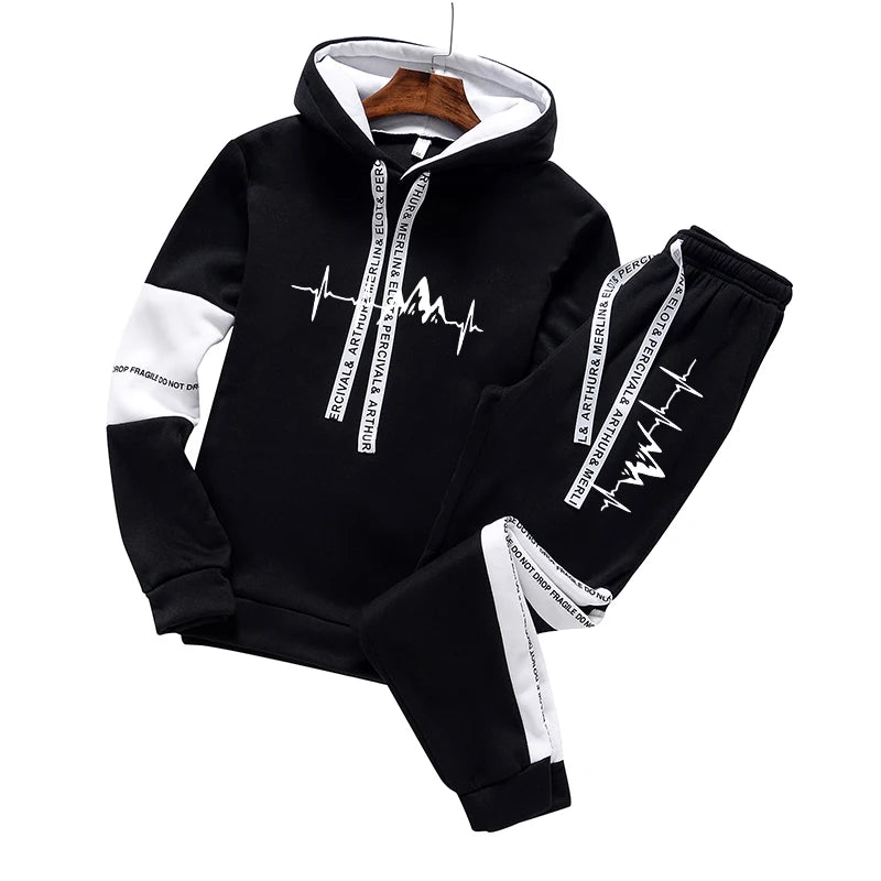 Men’s Classic Tracksuit Set – Printed Hooded Sweatshirt & Joggers