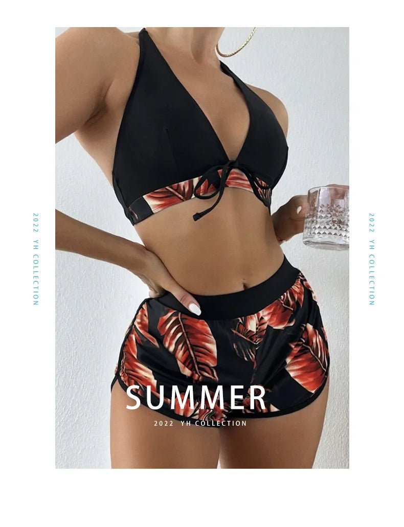 Tropical Leaf Print 3-Piece Bikini Set – Halter High-Waisted Swimsuit (S–XXL, 6 Colors | 2025