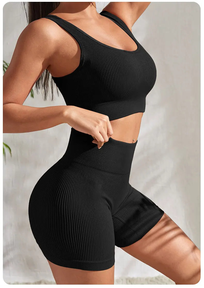 Ribbed Seamless 2-Piece Yoga Set – Crop Tank & High-Waist Shorts