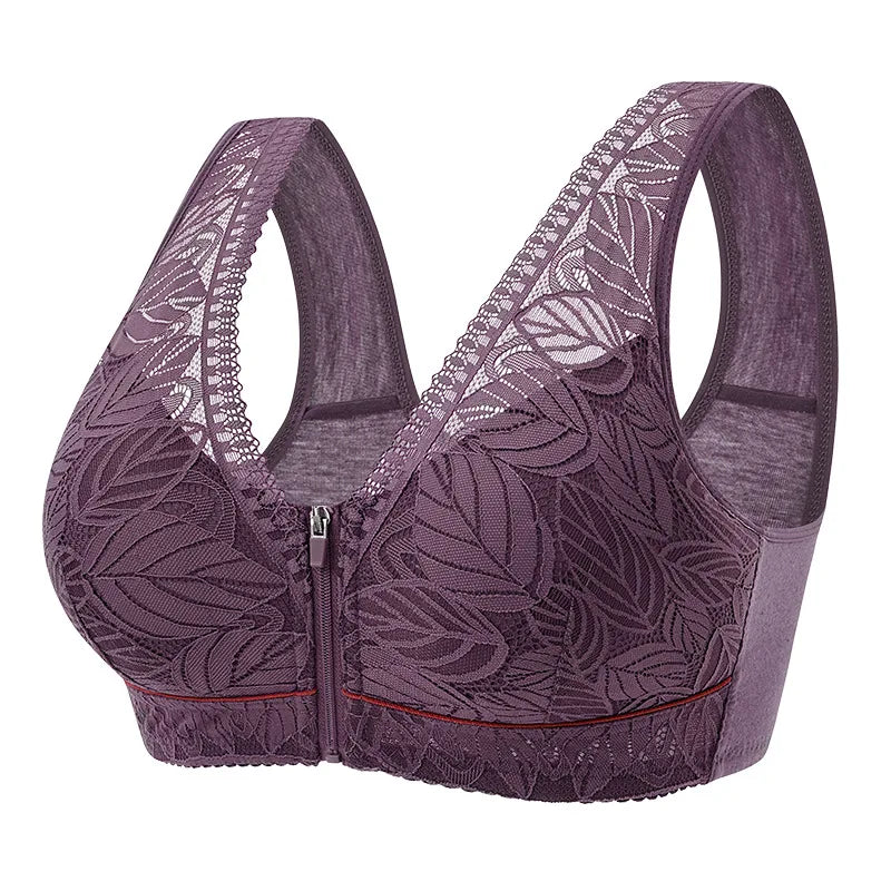 Women's Front Zipper Sports Yoga Bra – Lace Cotton Cup Wireless Breathable Tank Bra (Plus Size)