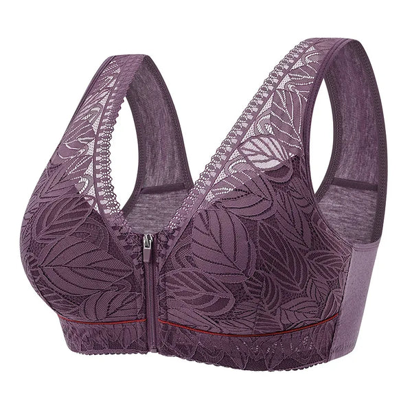 Women's Front Zipper Sports Yoga Bra – Lace Cotton Cup Wireless Breathable Tank Bra (Plus Size)
