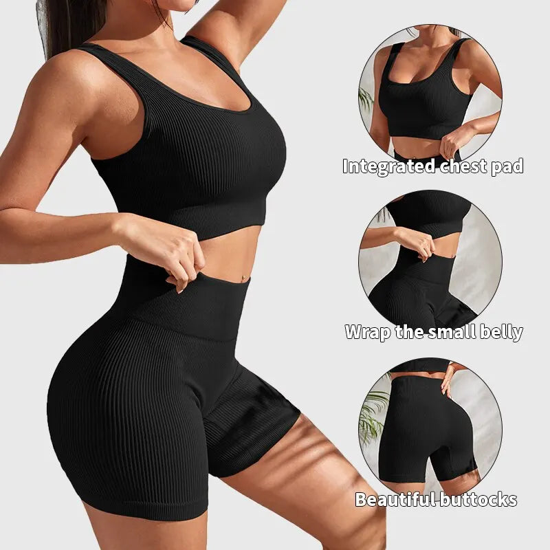 Ribbed Seamless 2-Piece Yoga Set – Crop Tank & High-Waist Shorts