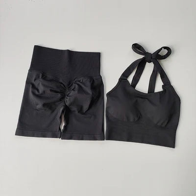 2-Piece Gym Set – Neck Hanging Sports Bra & Hip-Lifting Shorts